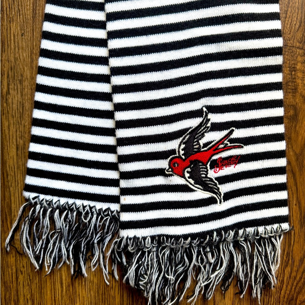 Sailor Jerry Embroidered Black and White Striped Scarf Death Or Glory